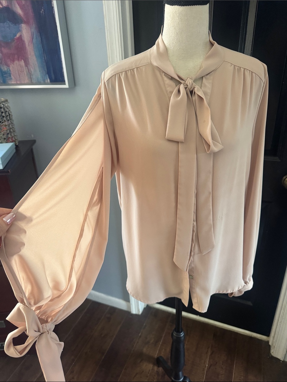 Forever 21 Blush Tie-Neck Balloon Sleeve Blouse